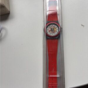Swatch Red Silicone Strap Watch with Multicolor Dial